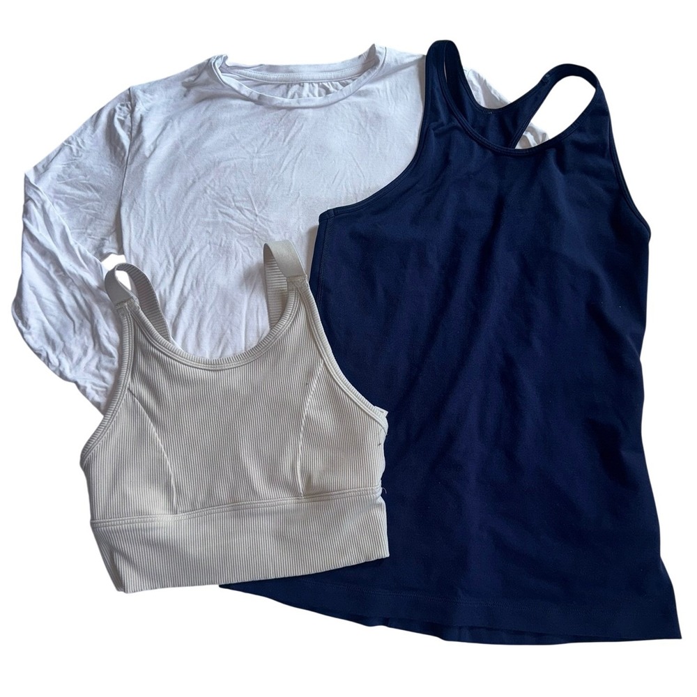 Lot of 3 Womens‎ Athletic Tops Navy Racerback Tank White Tee Ribbed Beige Crop